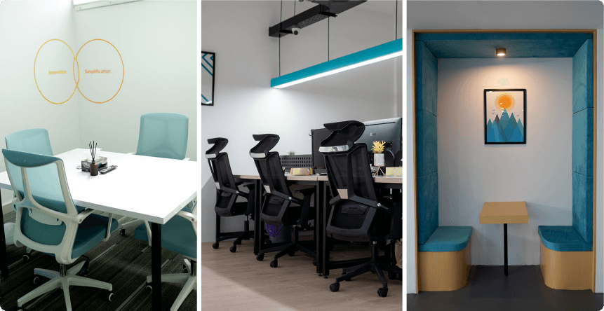 A collage of LantroTech's office, including pictures of meeting room, desk space and meeting booth.