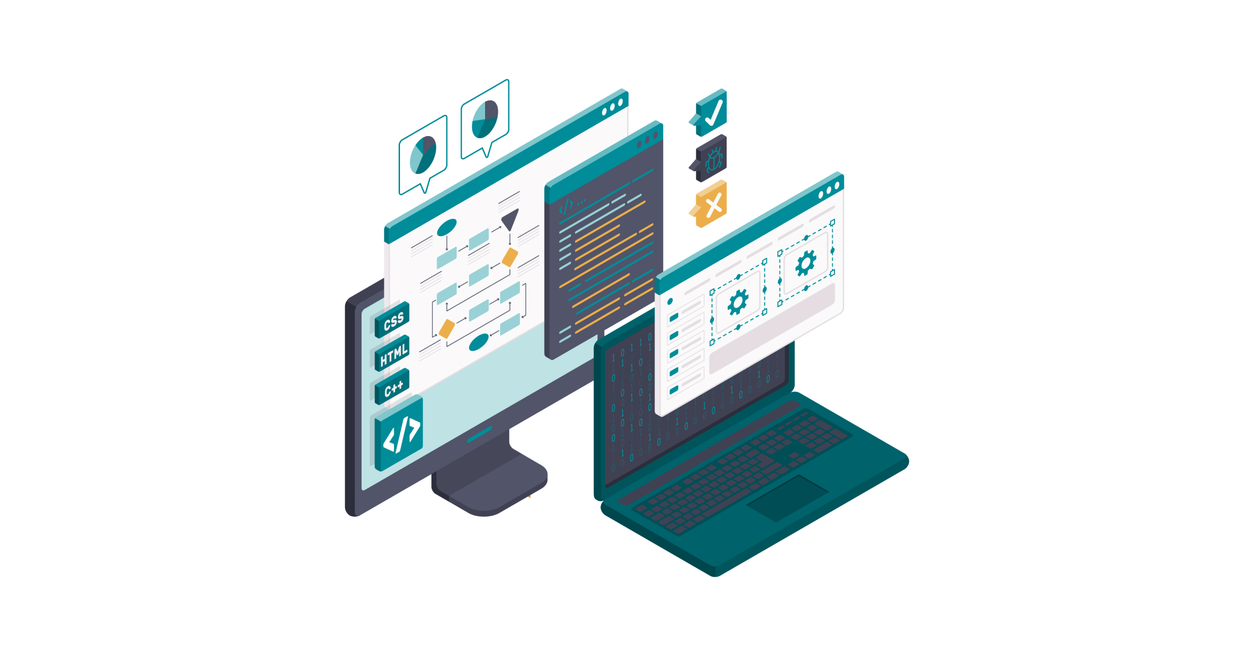 Laptop screen displaying code in CSS, HTML, and C++ to illustrate different software testing methods.