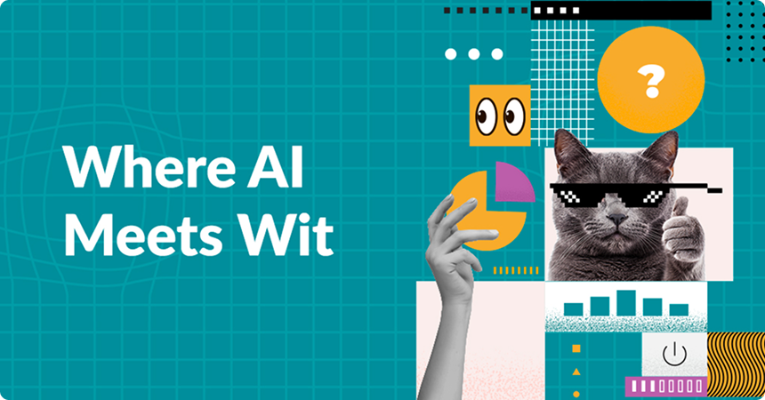 Illustration of 'Where AI Meets Wit' concept with a playful cat meme on a laptop screen, symbolizing AI-generated humor content. LantroTech explores how brands can merge artificial intelligence with humor marketing to create engaging, relatable social media campaigns.