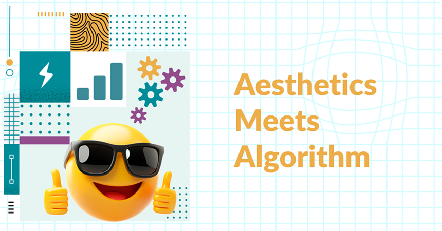 Creative visual of 'Aesthetics Meet Algorithm' blending AI-generated design with artistic flair, featuring a cool face emoji . Showcasing how LantroTech taps into AI trends to craft visually striking and culturally relevant marketing content."
