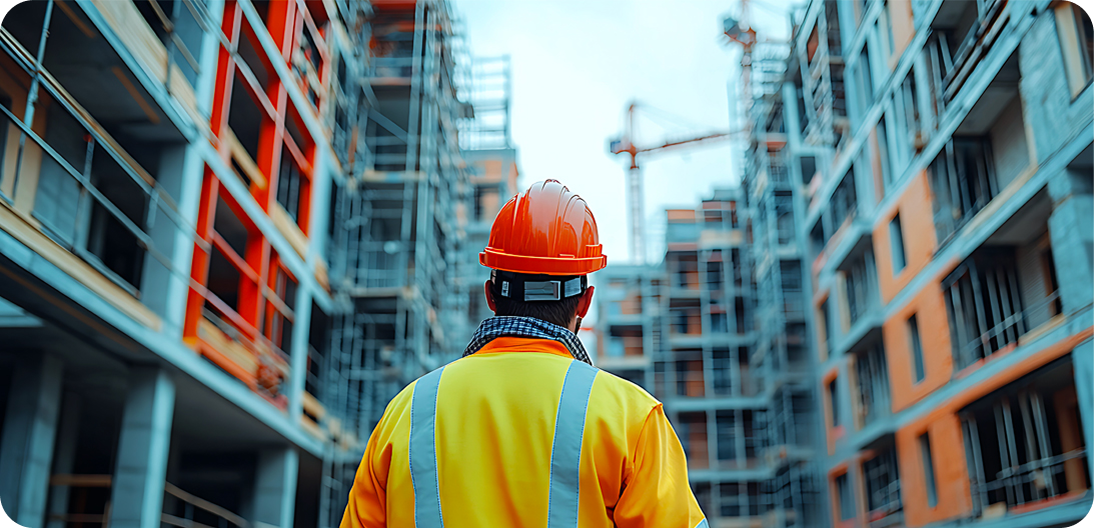 LantroTech engineer in safety gear stands before a large building, showcasing MEP expertise in complex infrastructure projects.