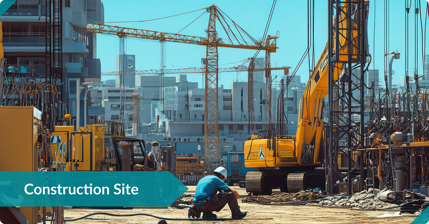 High-angle view of LantroTech professionals reviewing bid forms and project specification manuals during construction planning.
