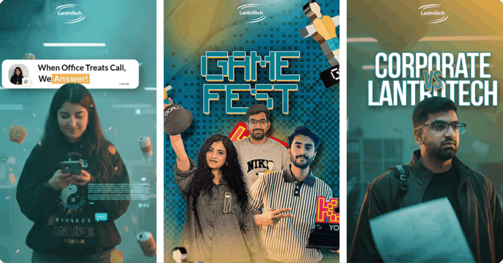 LantroTech team members featured on colorful, AI-generated storytelling reel covers illustrating the evolution of short-form content.