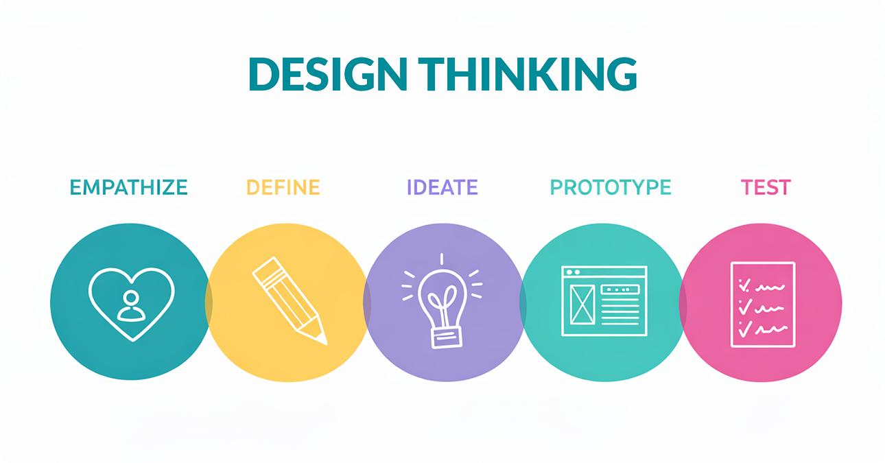 LantroTech design thinking process diagram showing stages of UX strategy, research, ideation, prototyping, and testing