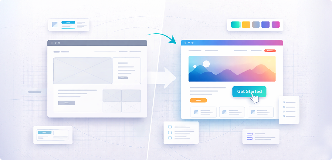 Illustration showing the LantroTech user-friendly website design process including UX structure, interface layout, and digital screens