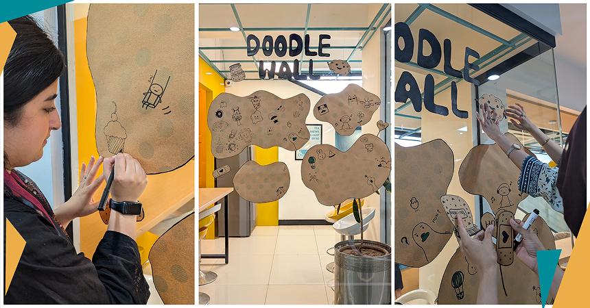 A collage showing LantroTech employees contributing to an office "Doodle Wall," an initiative designed to provide a low-pressure creative outlet and shared artistic experience for the team.