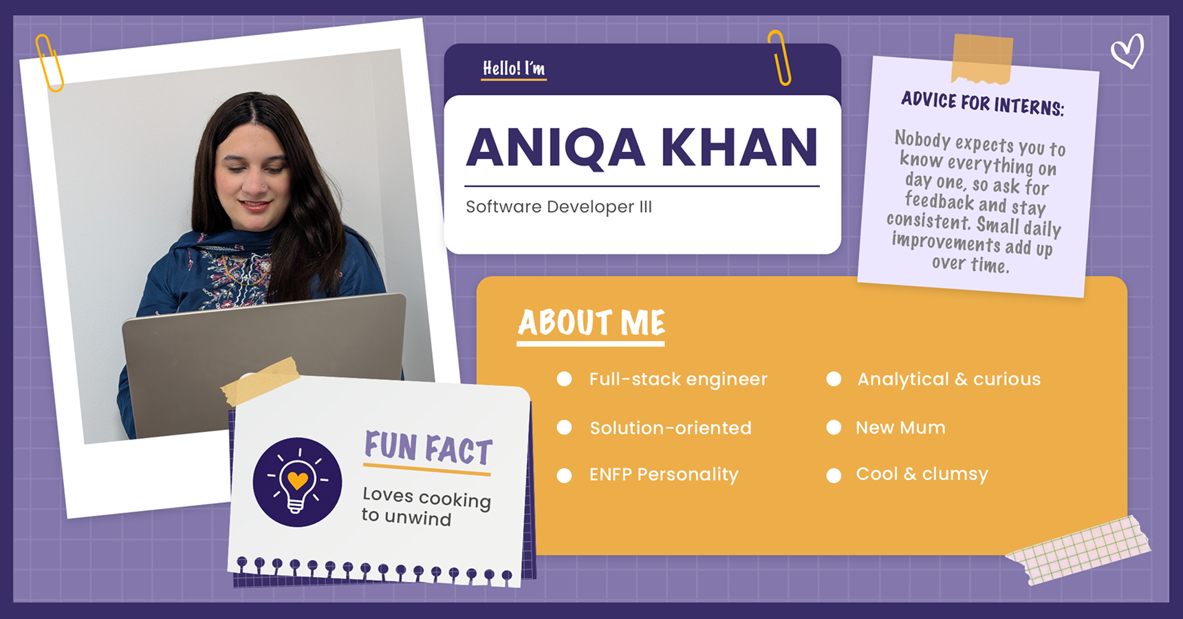 Aniqa Khan, Software Developer III at LantroTech, highlighting her leadership in scalable web applications, cloud services, and guiding interns through core engineering fundamentals using modern, AI-powered development tools.