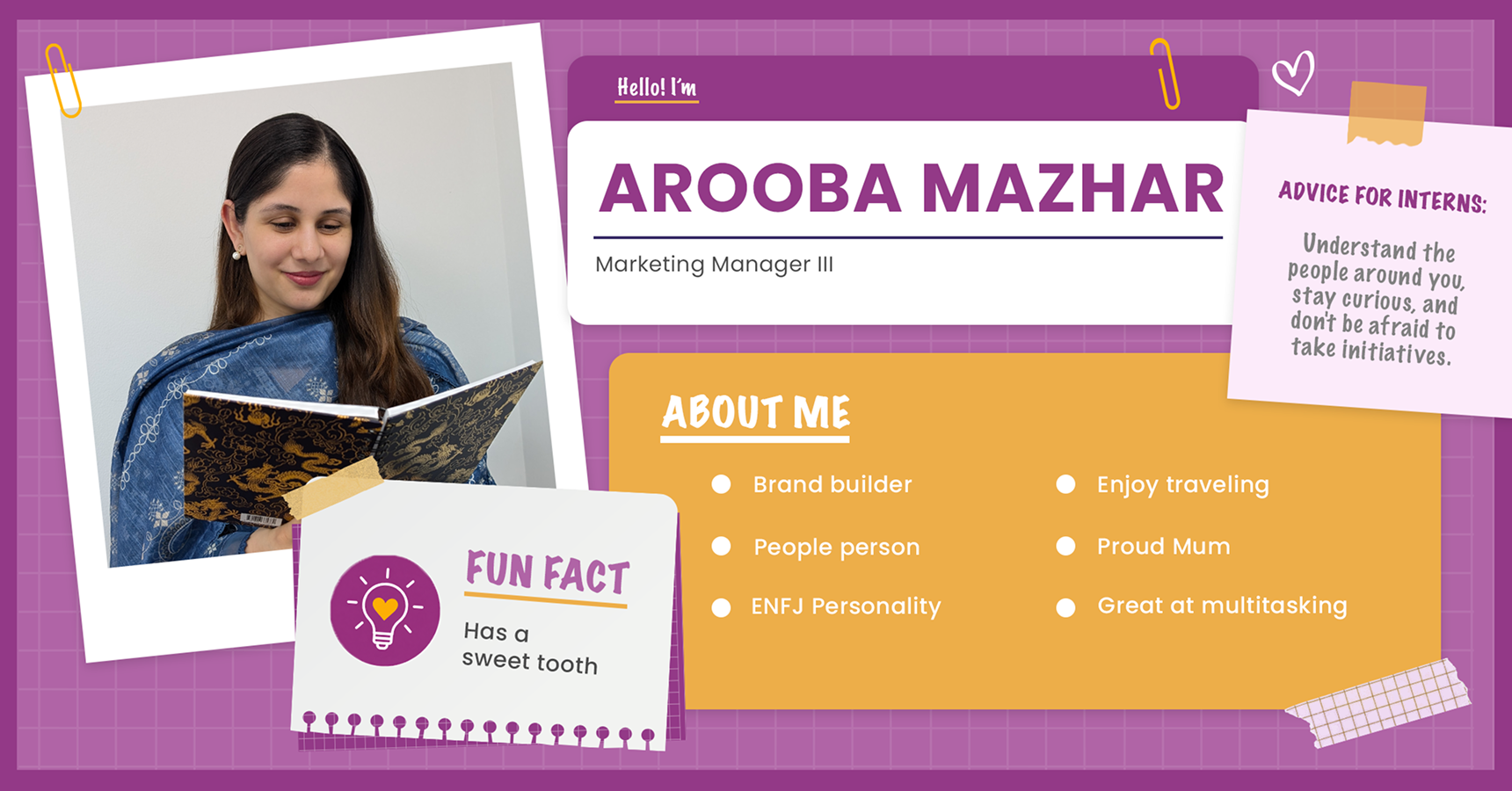 Arooba Mazhar, Marketing Manager III at LantroTech, highlighting her leadership in global brand identity management, creative content creation, social media strategy, website design, and SEO.