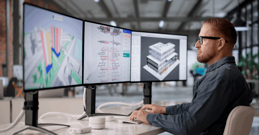 A dedicated electrical estimating engineer analyzing multi-screen 3D BIM models to coordinate MEP construction workflows.