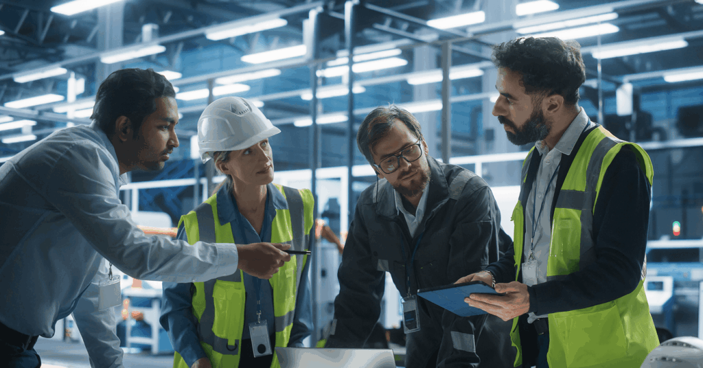 A collaborative estimation and engineering team in safety gear reviewing project plans on a digital tablet at an industrial facility.