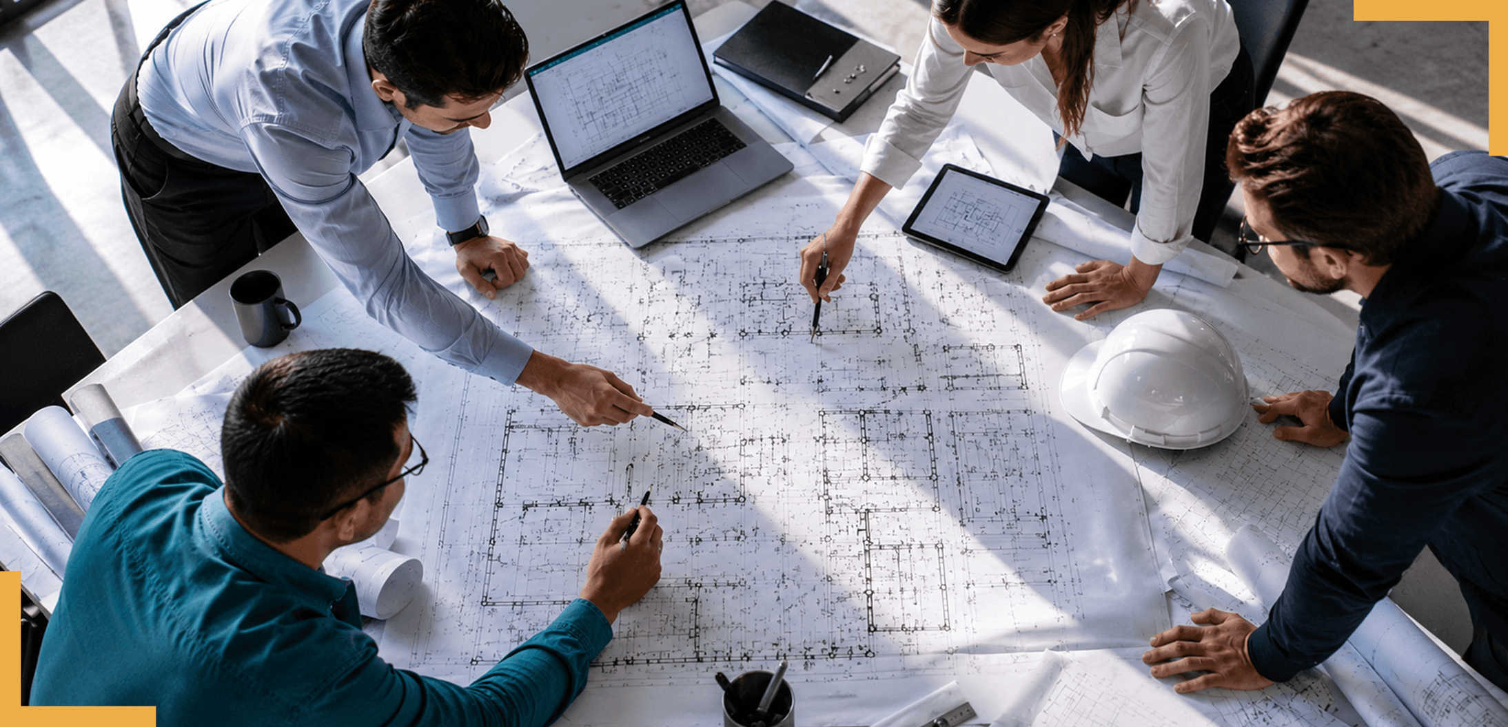 Engineering professionals reviewing project drawings to demonstrate LantroTech's engineering documentation process for managing complex projects.