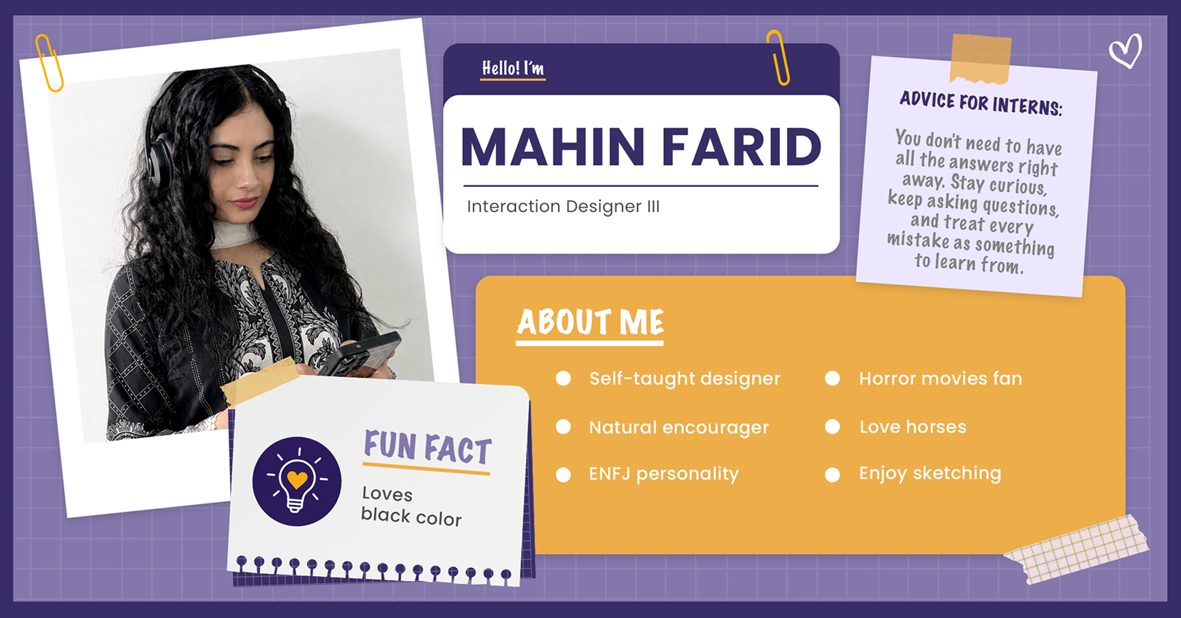 Mahin Farid, Interaction Designer III at LantroTech, highlighting her leadership in intuitive UI/UX design, brand identity creation, building digital confidence, and helping quiet interns find their professional voice.