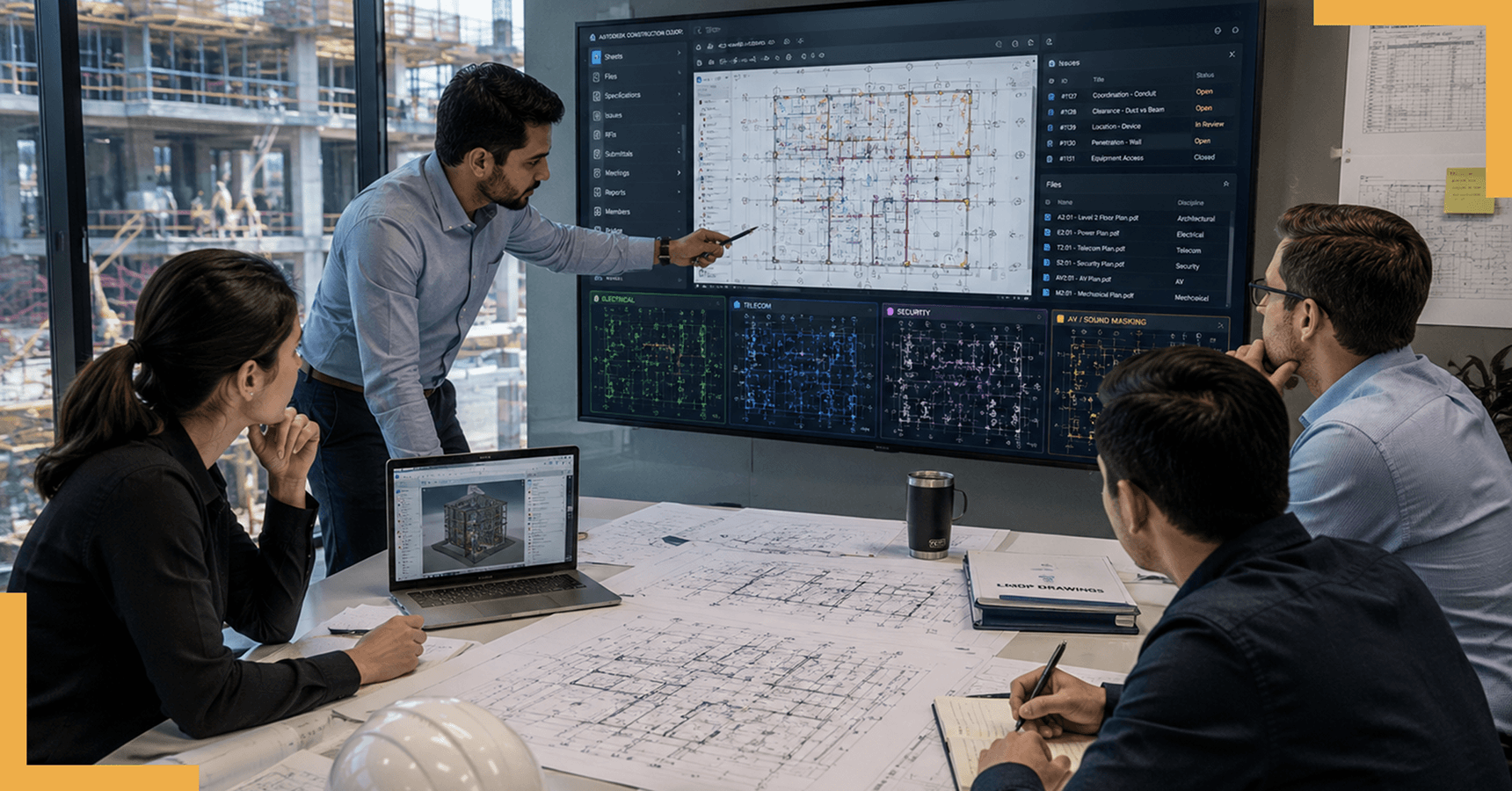 LantroTech engineering team collaborating around digital project plans to organize engineering documentation and project workflows
