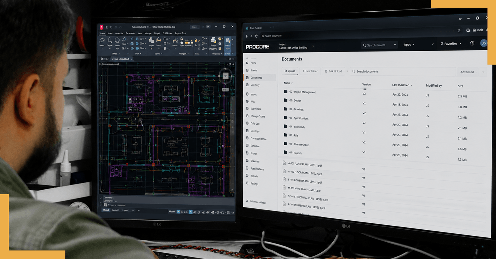 Computer displaying engineering drawings and organized project documentation used by LantroTech to manage project files efficiently