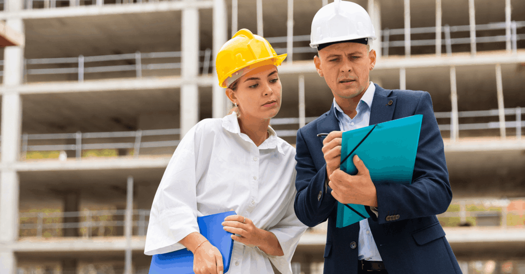Construction estimators and project managers reviewing technical drawings and scope documentation on-site for competitive electrical bidding.
