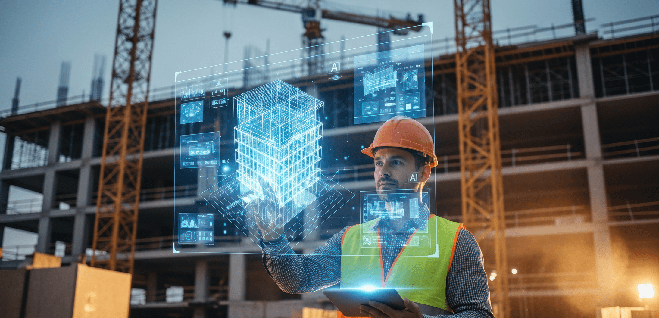 An estimation engineer using digital tools and AI blueprint models on a modern construction site to improve electrical estimation accuracy.