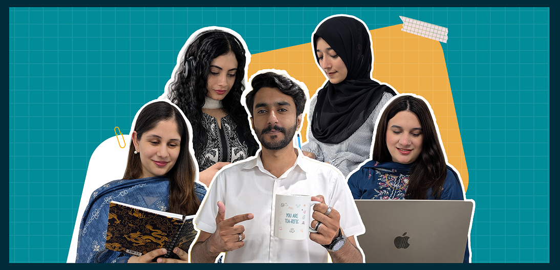 Group picture of the five summer mentors: Osama Azhar, Mahin Farid, Nida Khalid, Arooba Mazhar, and Aniqa Khan.