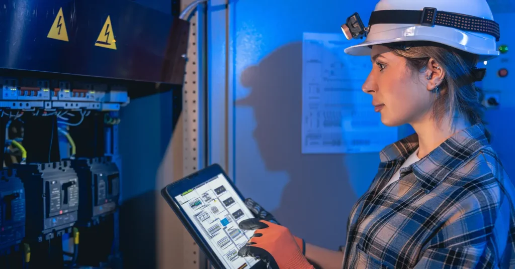 An engineer checking digital low-voltage device plans and quantity verification data on a portable tablet.