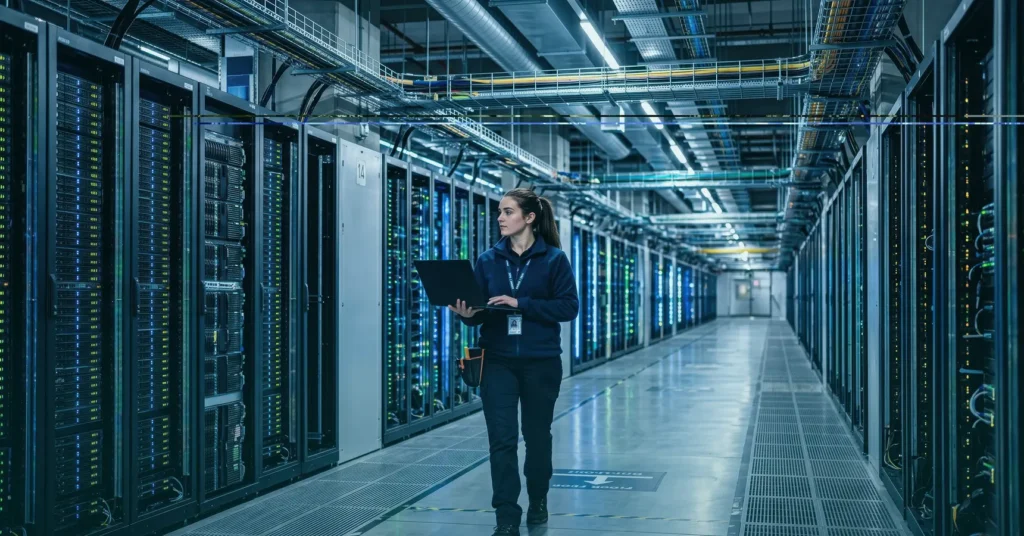 A technical engineer carrying a tablet while inspecting a high-density enterprise server room during a LantroTech structured cabling audit.