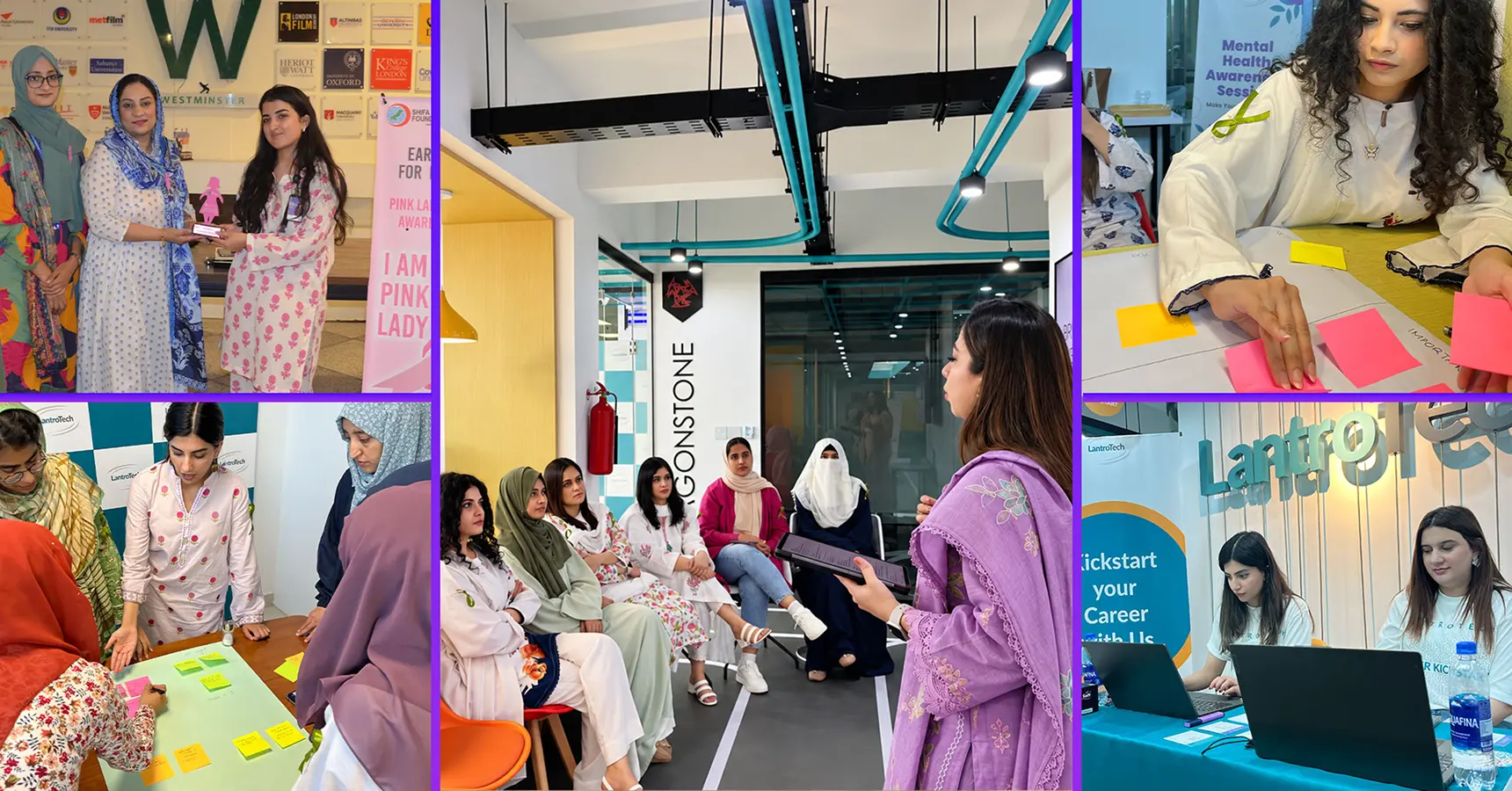 A collage showing LantroTech’s gender diversity initiatives including breast cancer awareness campaigns, leadership workshops, university career sessions, and team events.