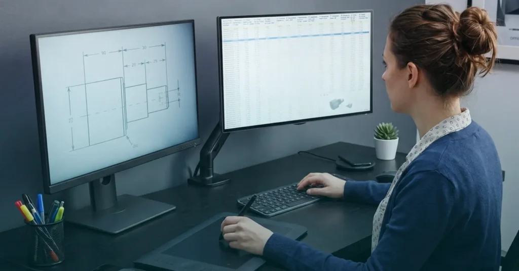 A LantroTech IT cost estimator using a digital drawing tablet, stylus, and dual monitors to review CAD schematics alongside an estimation spreadsheet.